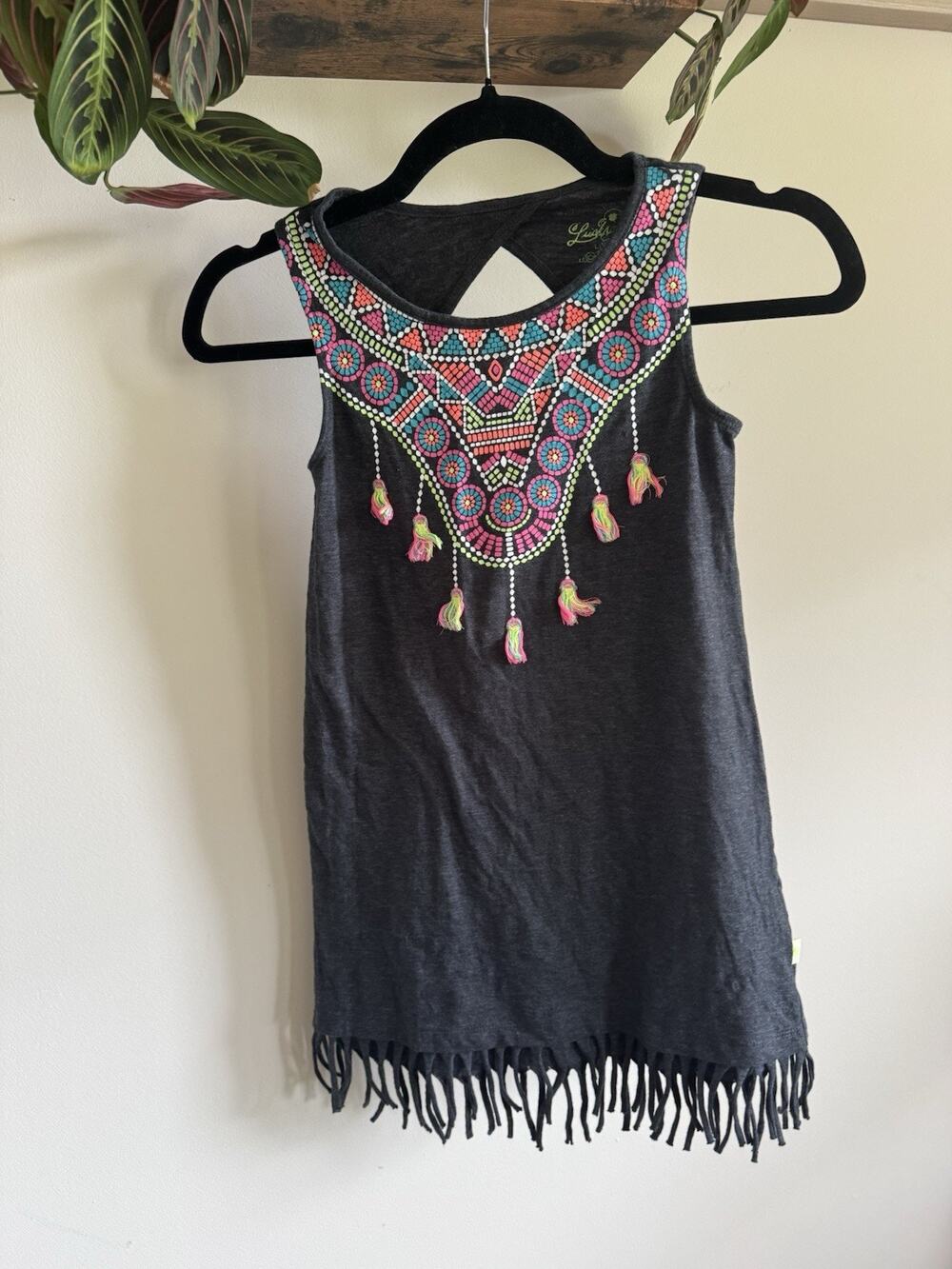 Lucky Brand Girls Small Charcoal Gray Fringe Tank Top‎ Boho Geometric Tassel